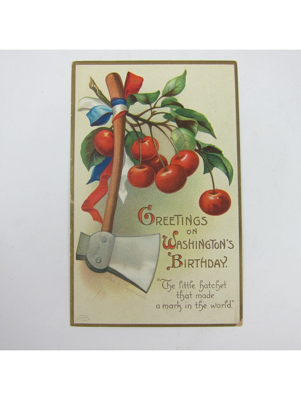 Postcard George Washington Birthday Hatchet Cherries Patriotic Embossed Antique